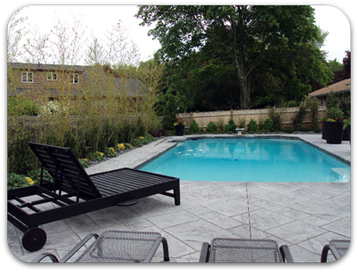 Picture of pool deck with decorative bamboo perimeter